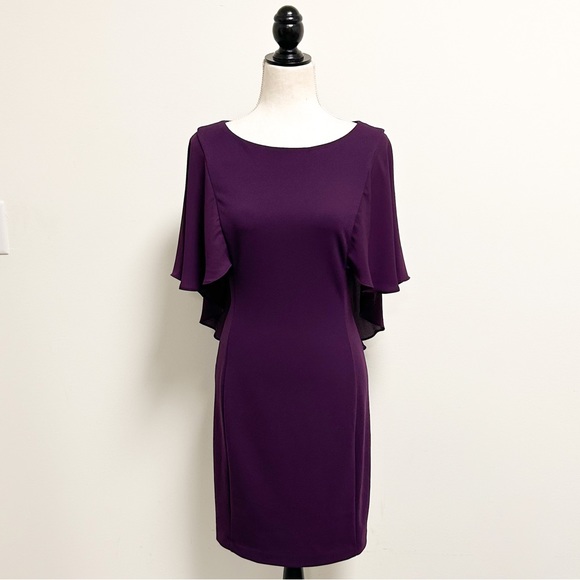 DKNY Wine Purple Sheer Capelet Butterfly Half Sleeve Short Dress 2 Stretch NWT - Picture 2 of 12